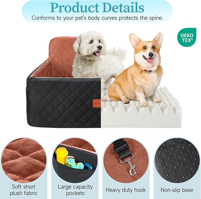 HEGGCOOE Dog Car Seat for Medium/Large Dogs, Pet Booster Seat for Under 55 lbs or 2 Small Dogs, Detachable & Washable Dog Car Bed for Backseat with 2 Safety Leashes(Black/Brown)