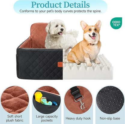 HEGGCOOE Dog Car Seat for Medium/Large Dogs, Pet Booster Seat for Under 55 lbs or 2 Small Dogs, Detachable & Washable Dog Car Bed for Backseat with 2 Safety Leashes(Black/Brown)