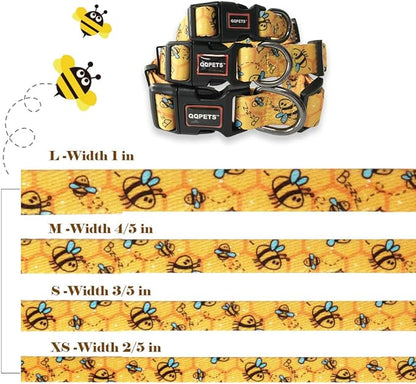 QQPETS Adjustable Soft Dog Collar: Print Flower Pink Multicolor Cute Patterns for XS Small Medium Large Pet Girl Boy Puppy Walking Running Training (L, Yellow Bee)