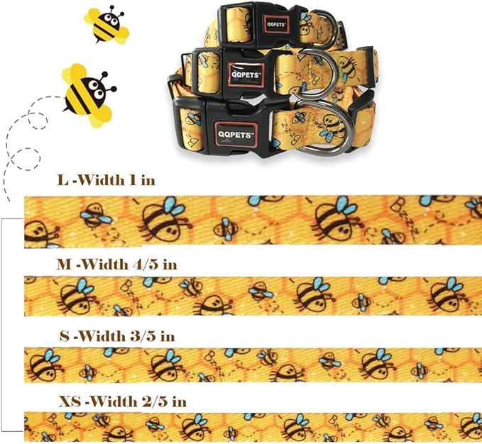 QQPETS Adjustable Soft Dog Collar: Print Flower Pink Multicolor Cute Patterns for XS Small Medium Large Pet Girl Boy Puppy Walking Running Training (M, Yellow Bee)