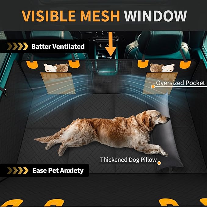 Back Seat Extender for Dogs with Pillow, Foldable Dog Car Seat Cover with Hard Bottom Waterproof Dog Hammock Car Pet Backseat Protector for Car, SUV, Truck
