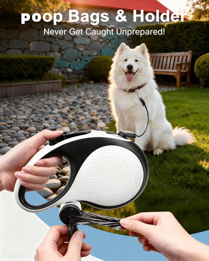 Retractable Dog Leash 26 ft for Large Dogs Up to 110 lbs, 360 Tangle-Free Heavy Duty with One-Hand Brake Pause Lock, Anti-Slip Handle Strong Nylon Tape, Large, White