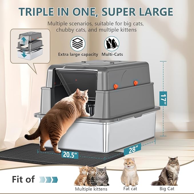 XXXL Extra Large Stainless Steel Litter Box with Lid, 28" L x 20.5" W x 17" H Covered Stainless Steel Litter Box, Multiple Natural Activated Carbon Filter Bags, Non-Sticky, Anti-Leakage, Easy to Clean