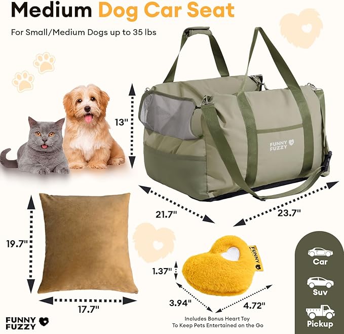 FUNNY FUZZY Waterproof Dog Car Seat for Small & Medium Dogs Up to 35lbs, Detachable & Washable Pet Booster Seat with Leash, Thick Cushion, Storage Pockets & Adjustable Straps (Green)
