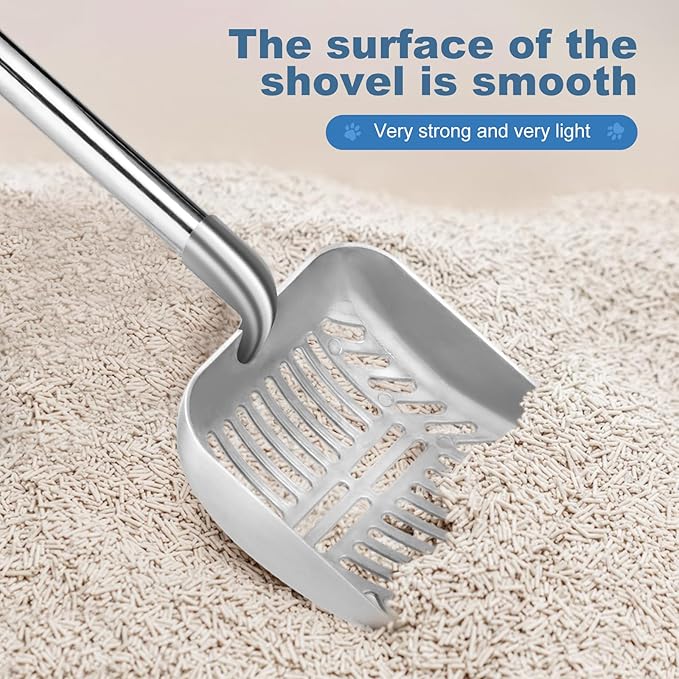 Cat Litter Spoon Metal Removable Stainless Steel Long Handle Cat Litter Screen Non-Stick Coated with Adjustable Handle and Soft Grip Heavy Duty Pet Cat Litter Shovel with 1 Pcs Hook