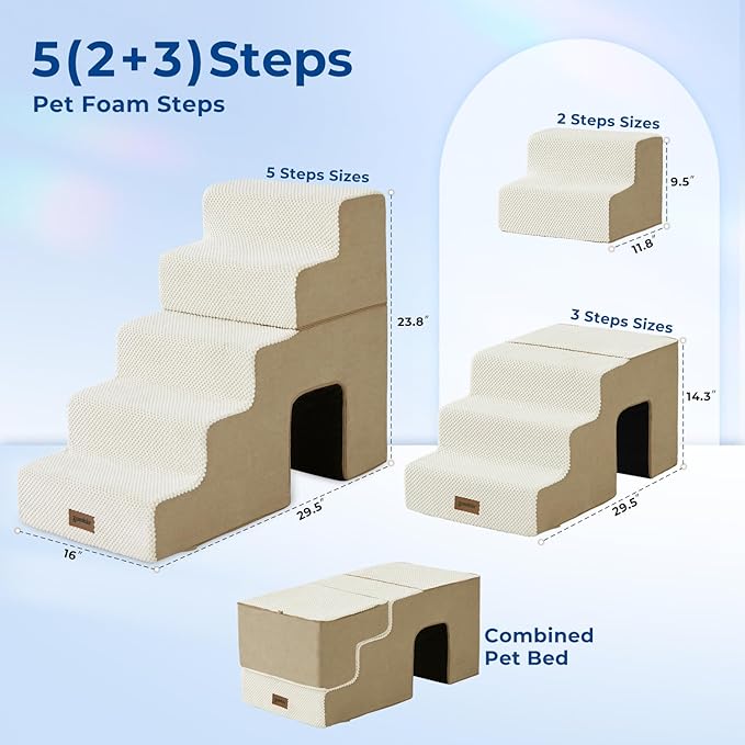 Dog Steps for High Beds - 5 Step 24" H Pet Stairs with Tunnel 2 in 1 with Zippers Suitable for Small Dogs and Cats, Indoor Cat Ladders with Non-Slip Bottom, Beige