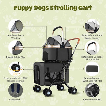 Double Pet Stroller for Dogs and Cats, One-Step Folding Dog Stroller Travel Carriage for Small Medium Dogs Cats, 2 Detachable Carrier Bags, 4 Lockable Wheels (Black)