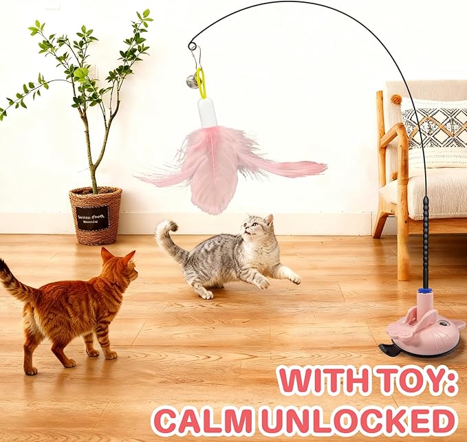 Walfront Indoor Interactive Cat Toy Wand with 4PCS Feather Attachments & Suction Base - 2 Play Modes, Solo Play & Owner Interaction, Boost Jumping & Hunting Skills, Fun & Engaging for Cats