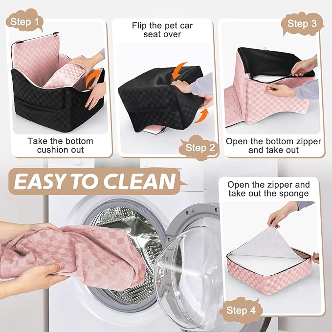 JOEJOY Elevated Dog Car Seat for Small/Medium Dogs up to 35 lbs, Memory Foam Booster Seat with Detachable Washable Cover, Travel-Safe Car Bed with Safety Belts & Storage Pockets, Pink