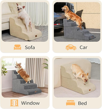 Made4Pets Dog Stairs Ramp for High Bed 22.8" H, 5-Step Pet Stairs for Bed Couch Sofa Climbing, 35D Foam Pet Steps for Small Dogs and Cats, Non-Slip Bottom Dog Steps, Beige