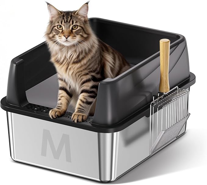 Stainless Steel Litter Box with Lid: Metal Cat Litter Box for Small Cats with Scoop, High Sided Kitty Litter Pan Tray, 17.4'' x 13.5'' x 8.5'', Non-Stick, Anti-Leakage, Easy Cleaning (Black)