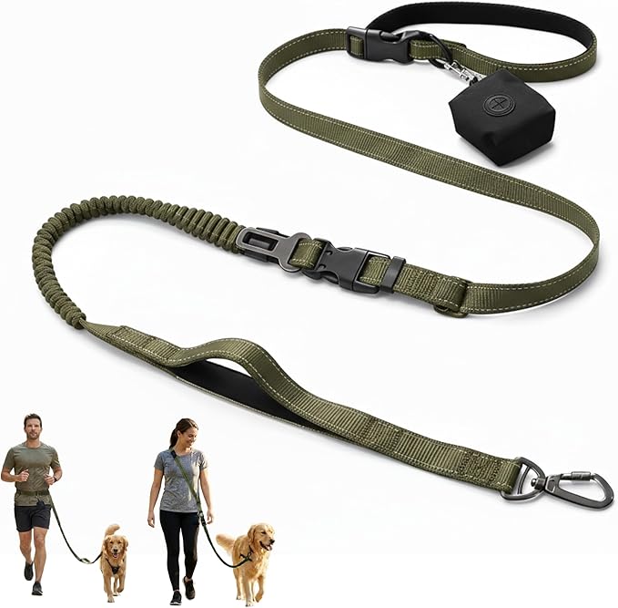 6-in-1 Hands-Free Dog Leash, Waist & Crossbody Bungee Lead with Dual Padded Handles, Bungee Shock Absorbing, Seat Belt Buckle, Reflective for Small Medium Large Dogs, Green