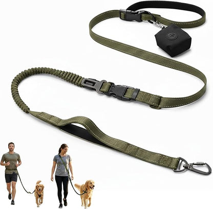 6-in-1 Hands-Free Dog Leash, Waist & Crossbody Bungee Lead with Dual Padded Handles, Bungee Shock Absorbing, Seat Belt Buckle, Reflective for Small Medium Large Dogs, Green