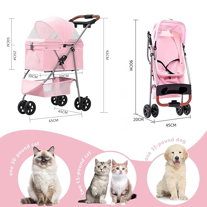 Pet Stroller for Small/Medium Dogs and Cats, Foldable 3 Wheel Jogger with One-Click Fold, Breathable Mesh, Storage Basket, Cup Holder, Weather Cover, (Pink)