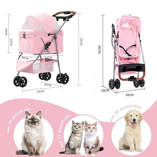 Pet Stroller for Small/Medium Dogs and Cats, Foldable 3 Wheel Jogger with One-Click Fold, Breathable Mesh, Storage Basket, Cup Holder, Weather Cover, (Pink)