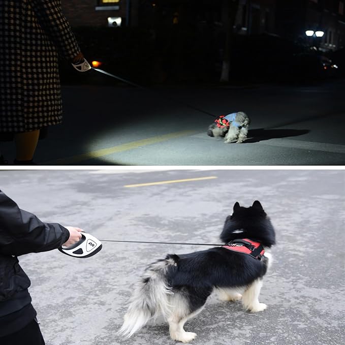 Retractable Dog Leash with Light, Pet Lead, 12-Color Ambient Lighting, Retractable Pet Lead with 360° Anti-Tangle Feature, 5-Meter Length Weighing Up to 40 kg (White, 1.0)