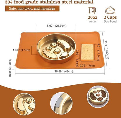 Golden Stainless Steel Slow Feeder Dog Bowls – Non-Slip Metal Dog Bowl for Large & Medium Breeds, Puppy Puzzle Feeder – 2 Cup for Small to Big Pets – Durable Slow Feed Dog & Cat Food Dish with Mat