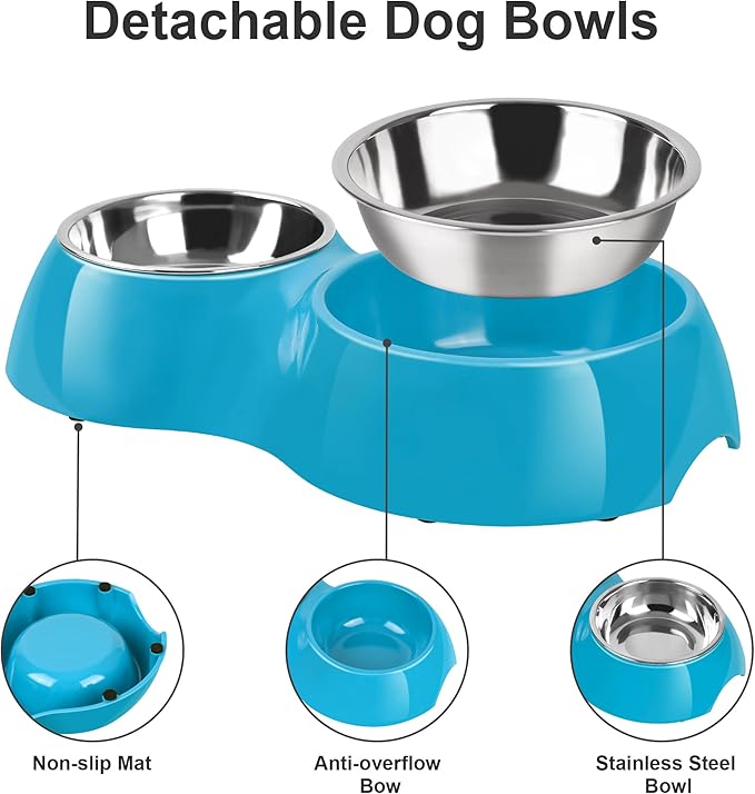 Double Dog Bowls and Food Bowls,Includes Small (4 fl oz) & Medium (10 fl oz) & Non-Slip Resin Station,Pet Feeder for Puppy Medium Dogs Cats - Blue