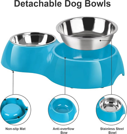 Double Dog Bowls and Food Bowls,Includes Small (4 fl oz) & Medium (10 fl oz) & Non-Slip Resin Station,Pet Feeder for Puppy Medium Dogs Cats - Blue