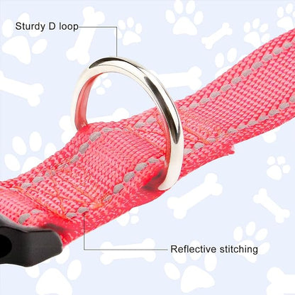 FunTags Reflective Dog Collar, Sturdy Nylon Collars for Large Girl and Boy Dogs, Adjustable Dog Collar with Quick Release Buckle, Neon Pink