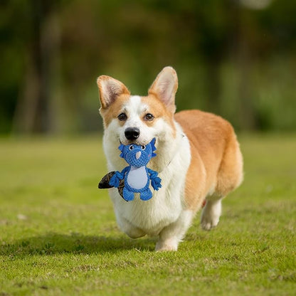 Cute Animals Interactive Squeaky Dog Toy with a Vocal Bladder, Crinkle Paper Stuffed Soft Cotton Chew Toy, Teething Rope Tug of War Pull Toy to Keep Them Busy for Puppy, Small Dogs - Blue Triceratops