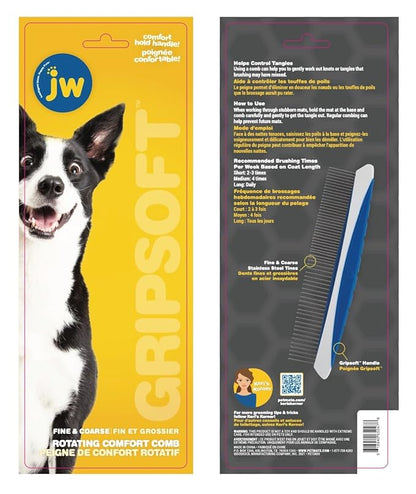 JW Pet Company 8-Inch Gripsoft Rotating Comfort Comb, Fine and Coarse,Gray/Yellow