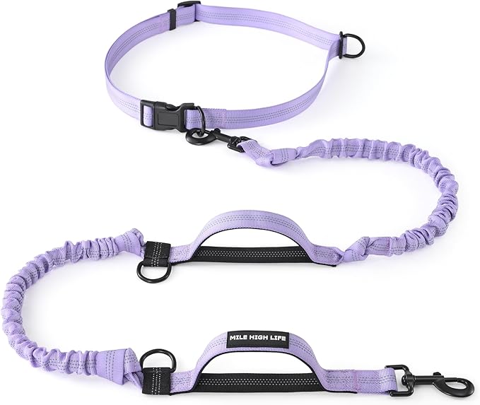 Mile High Life Hands Free Waist Leash for Dog Running Training and Jogging, Adjustable Belt with Double Handle, Reflective Bungee for Medium Large Dogs (Light Purple, 7FT)