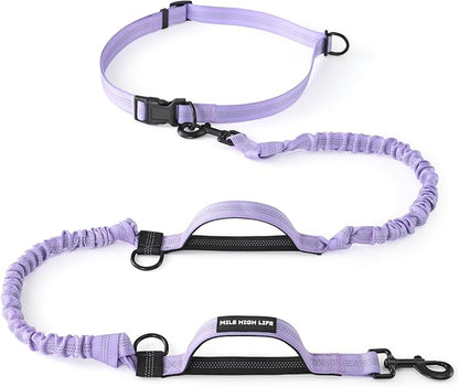 Mile High Life Hands Free Waist Leash for Dog Running Training and Jogging, Adjustable Belt with Double Handle, Reflective Bungee for Medium Large Dogs (Light Purple, 7FT)