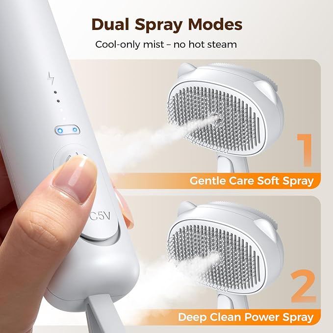 Self Cleaning Shedding Steam Cat Brush, Silicone Scraper Included Dog Brush, Adorable Bear Design, primecat, Cat Brushes for Shedding, USB Rechargeable, for Grooming & Haired Pets, Dogs & Cats, White