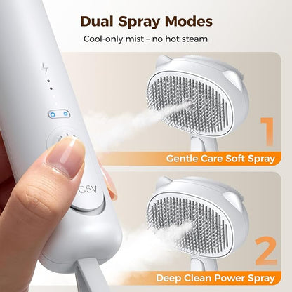 Self Cleaning Shedding Steam Cat Brush, Silicone Scraper Included Dog Brush, Adorable Bear Design, primecat, Cat Brushes for Shedding, USB Rechargeable, for Grooming & Haired Pets, Dogs & Cats, White