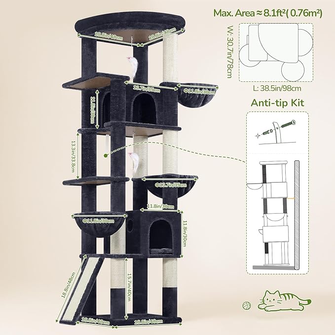 Globlazer Extra Large Cat Tree, 78 inch Sturdy Tall Cat Tree Tower for Indoor Multiple Large Adult Cats Kittens with 6 Scratching Posts, Enlarged Top Perch, 2 Padded Condos, S78G, Dark Grey