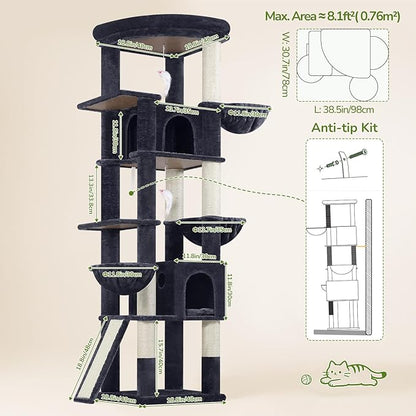 Globlazer Extra Large Cat Tree, 78 inch Sturdy Tall Cat Tree Tower for Indoor Multiple Large Adult Cats Kittens with 6 Scratching Posts, Enlarged Top Perch, 2 Padded Condos, S78G, Dark Grey