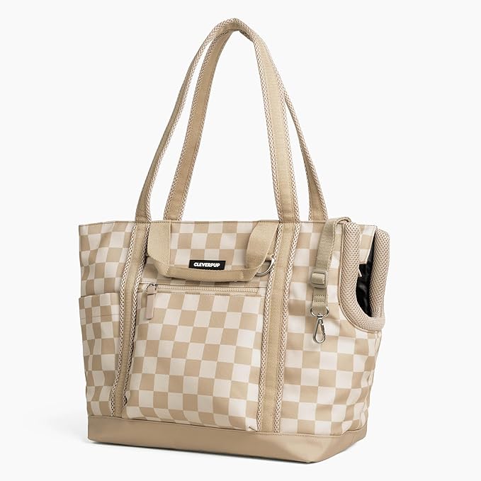 Cleverpup Transit Tote Dog Carrier 4-Piece Set - Premium Lightweight Pet Travel Bag with Plush Teddy Insert, Food Pouch, Air Mesh Opening, Water-Resistant Base & Safety Tether - Medium Checkerboard