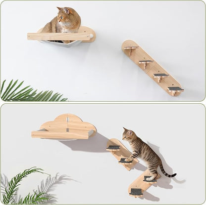 Wall Mounted Cat Hammock with 3 Climbing Steps,Pine Wood Cat Climbing Shelves & Perches up to 30lbs,Kitty Wall Shelf Furniture for Indoor Sleeping, Lounging,Climbing and Playing