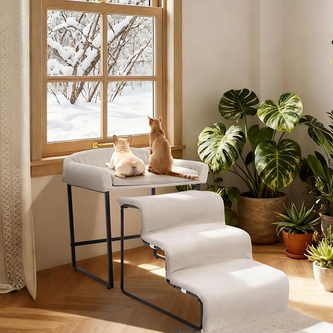 Dog Window Perch with Removable Stairs, Cat Window Seat with Cushioned Platform, Non-Slip Bedside Foam Pet Bed for Cats and Dogs, Beige