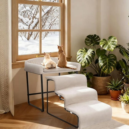 Dog Window Perch with Removable Stairs, Cat Window Seat with Cushioned Platform, Non-Slip Bedside Foam Pet Bed for Cats and Dogs, Beige