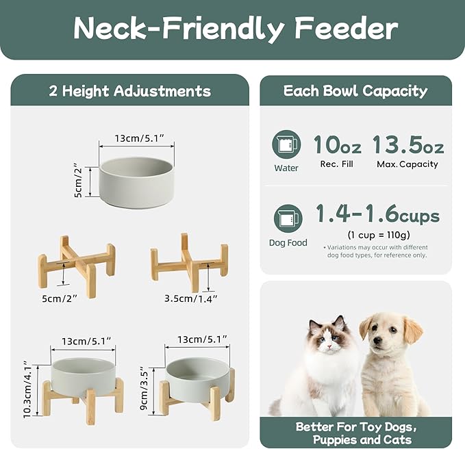 Ceramic Raised Dog and Cat Bowl Set, 2 Heights Elevated Stand, Food and Water Bowl for Small Breed Dogs, Cats, Kitty, Weighted Dog Dishes, Pet Bowls(5.1'',13.5oz, Grey)