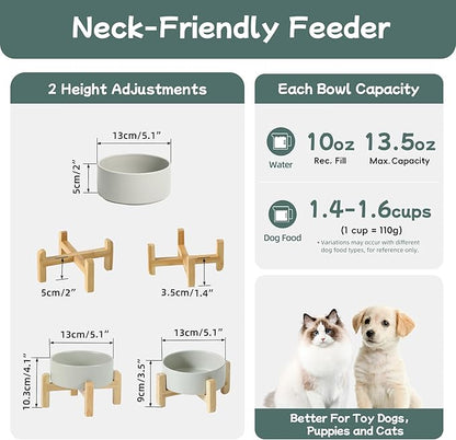 Ceramic Raised Dog and Cat Bowl Set, 2 Heights Elevated Stand, Food and Water Bowl for Small Breed Dogs, Cats, Kitty, Weighted Dog Dishes, Pet Bowls(5.1'',13.5oz, Grey)
