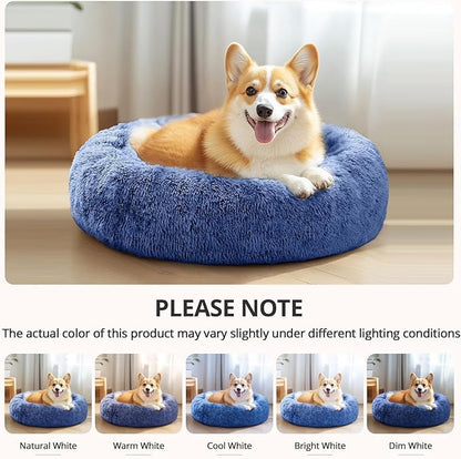 JOLLYVOGUE Calming Dog Beds Large Sized Dog, 36in Donut Washable Large Pet Bed, Anti-Slip & Anti-Anxiety Fluffy Faux Fur Round Dogs Bed, Fits up to 80 lbs Pets (Navy Blue)