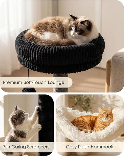 61" Modern Cat Tree Tower for Indoor Cats, Luxury Climbing Tower with Plush Lounge, Kitty Condos, Hammock & Scratching Posts, Classic cat Furniture (Walnut)