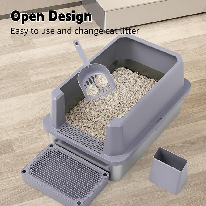 RIZZARI Open Cat Litter Box: Large Gray Stainless Steel Litter Pan 23.8" x 15.9" x 12.4" - High Sided Splash-Proof Easy Clean Toilet for Cats up to 20 lbs - Ideal for - Laundry Areas - Apartments
