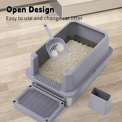RIZZARI Open Cat Litter Box: Large Gray Stainless Steel Litter Pan 23.8" x 15.9" x 12.4" - High Sided Splash-Proof Easy Clean Toilet for Cats up to 20 lbs - Ideal for - Laundry Areas - Apartments