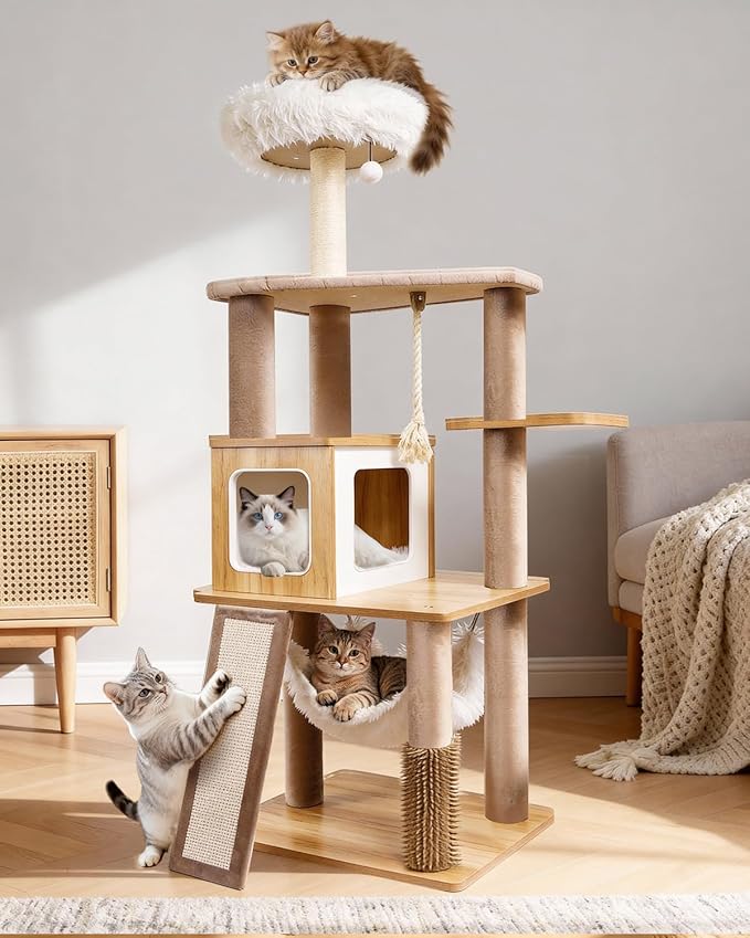61" Modern Cat Tree Tower for Indoor Cats, Luxury Climbing Tower with Plush Lounge, Kitty Condos, Hammock & Scratching Posts, Classic cat Furniture