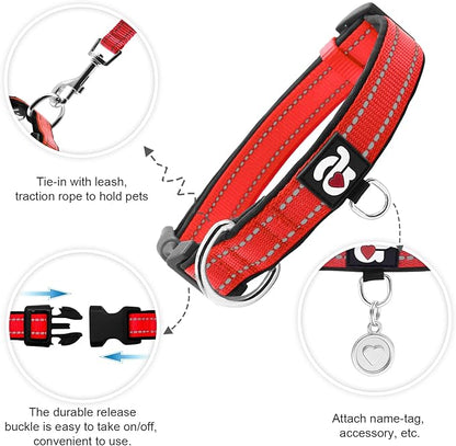 azuza Reflective Dog Collar, Soft Neoprene Padded Pet Collar with ID Tag Ring, Adjustable for Large Dogs,Red,L