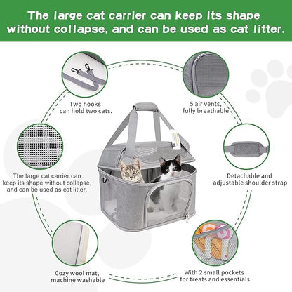 Large Cat Carrier for 2 Cats, Soft Side Pet Carrier for Cats Small Dog, Collapsible Travel Dog Carrier Bag TSA Airline Approved Dog Carrier Backpack,Grey