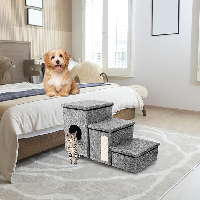 Dog Stairs for Small Dogs, 3 Tiers Dog Step with Storage, Foldable Older Cat Ramp with Condo Cat Scratcher, Portable Pet Ladder for High Bed Couch Chair Car, Up to 165 Lbs, 17 Inch
