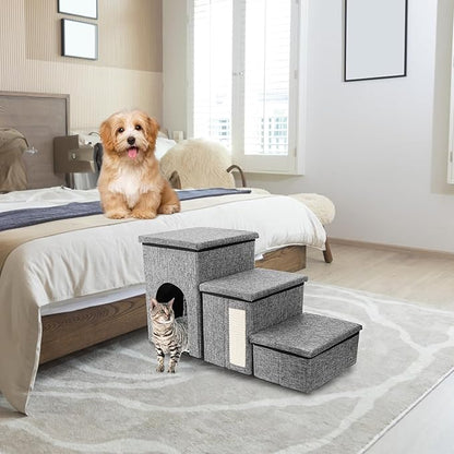 Dog Stairs for Small Dogs, 3 Tiers Dog Step with Storage, Foldable Older Cat Ramp with Condo Cat Scratcher, Portable Pet Ladder for High Bed Couch Chair Car, Up to 165 Lbs, 17 Inch