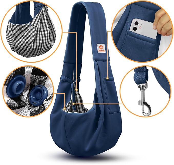 Tomkas Small Dog Cat Sling Carrier Puppy Purse Travel Wrap Soft Crossbody Pet Bag (Dark Blue, M - Classic Pocket & Classic Strap)