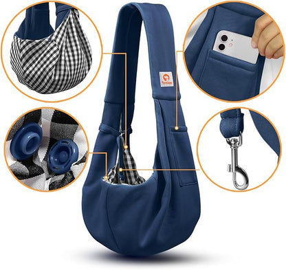 Tomkas Small Dog Cat Sling Carrier Puppy Purse Travel Wrap Soft Crossbody Pet Bag (Dark Blue, M - Classic Pocket & Classic Strap)