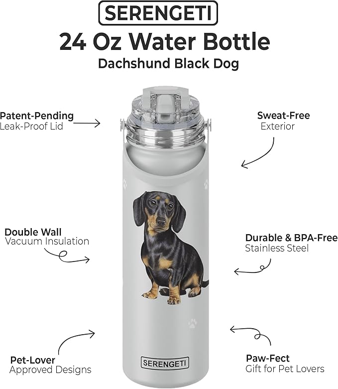 SERENGETI 24 Oz Water Bottle Stainless Steel with Spill Proof Lid - Double walled Vacuum Insulated water flask - Realistic 3D Print of your favorite dog (Dachshund Black)